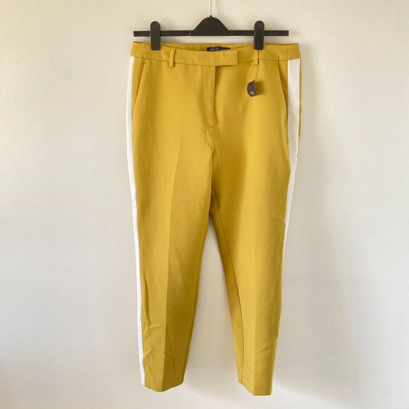 BNWT M&S Women's Mustard Yellow White Side Panels Slim Fit Trousers Size 16 - Picture 3 of 16